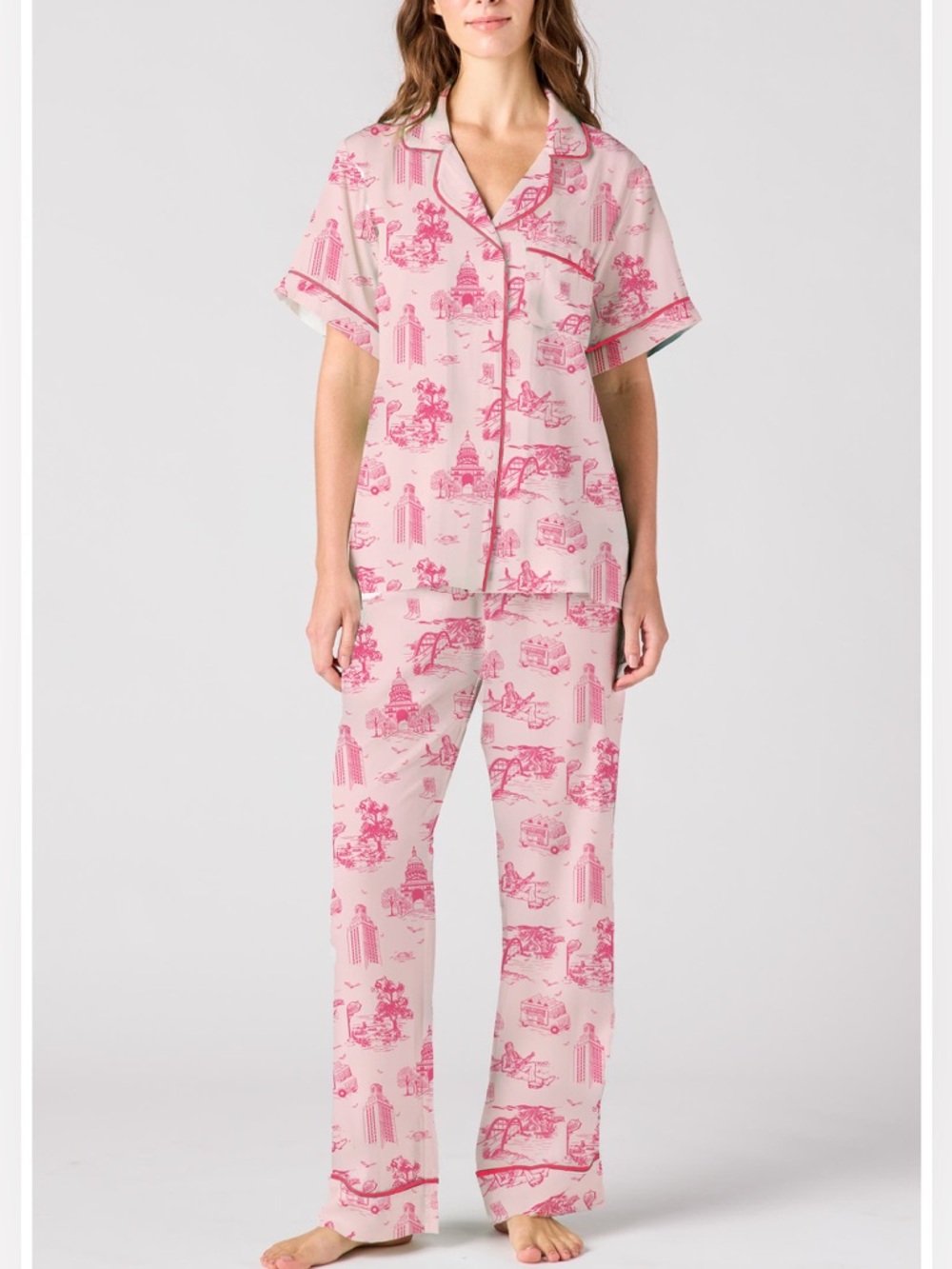 Katie Kime Austin Toile Pajama Set Pink Red XS NWT Short Sleeve Button Front